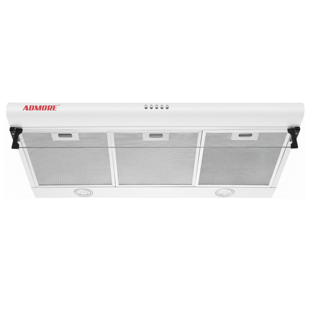 White Admore A-KH90W 90cm under-cabinet cooker hood with three aluminum mesh filters and twin LED lights, front view