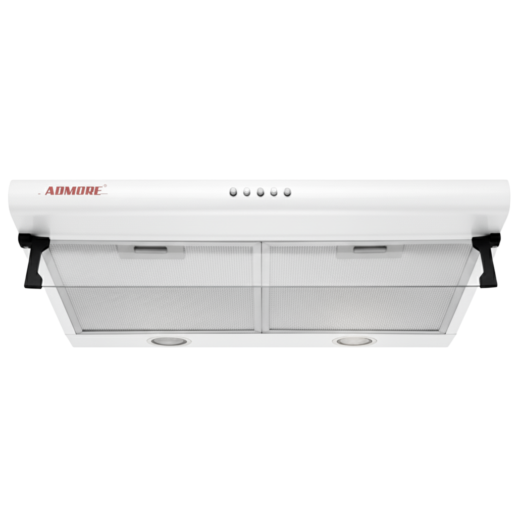 White Admore A-KH60W 60cm under-cabinet cooker hood with aluminum mesh filters and LED lights, front view