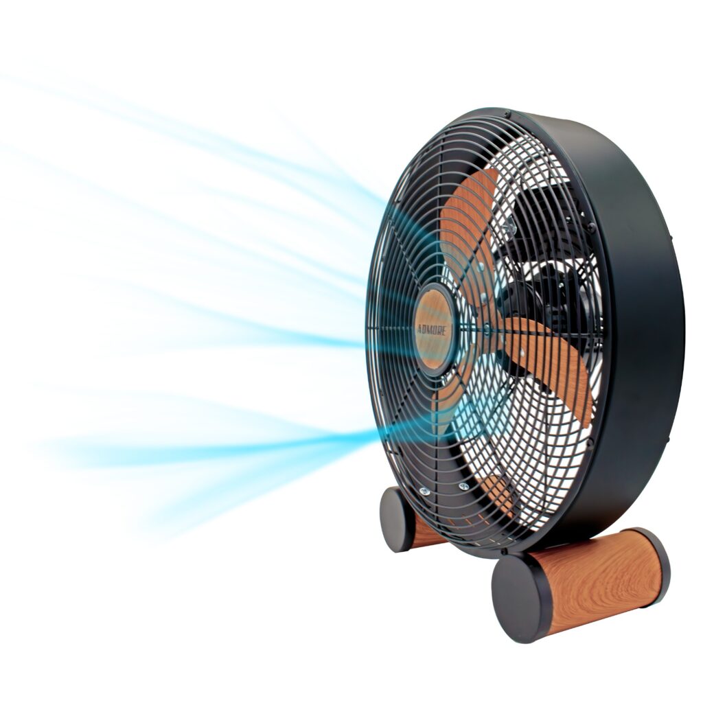 Admore A-DTF30 12-inch black metal drum-style table fan with four wood-grain finished aluminum blades behind a black wire-mesh grill on twin cylindrical wood-finish feet, three-quarter view