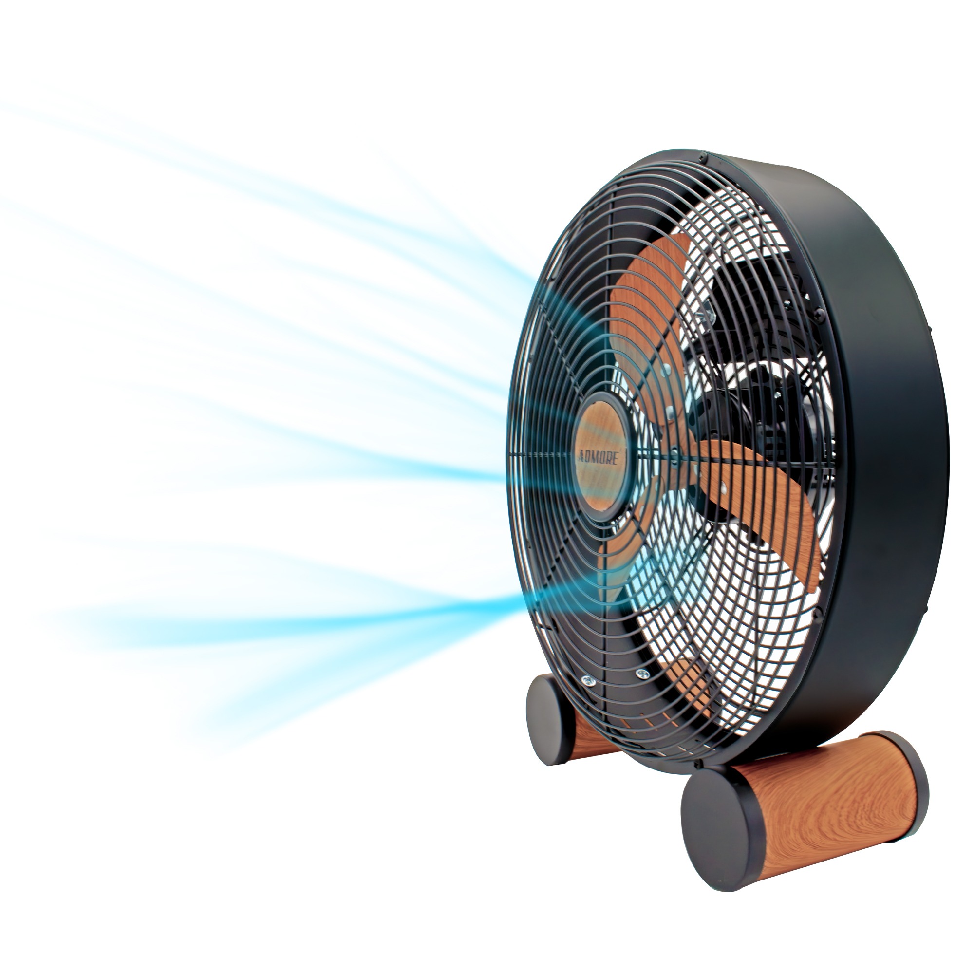 Admore A-DTF30 12-inch black metal drum-style table fan with four wood-grain finished aluminum blades behind a black wire-mesh grill on twin cylindrical wood-finish feet, three-quarter view