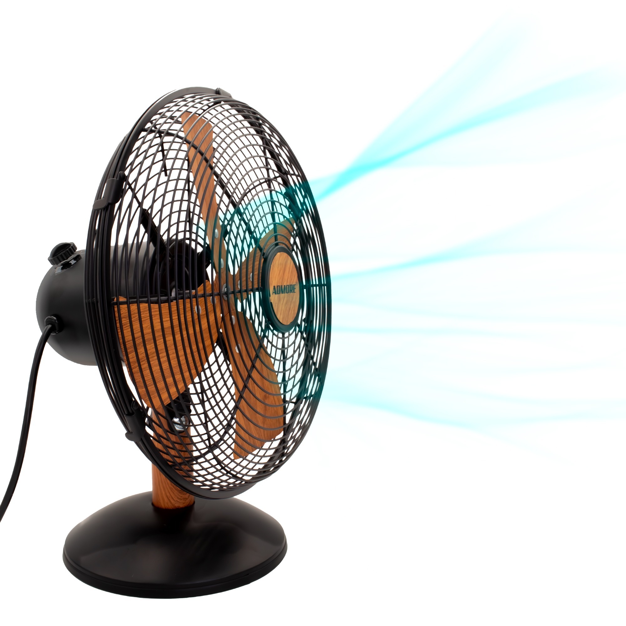 Admore A-MTF30 12-inch black metal table fan with four wood-grain finished aluminum blades behind a black wire-mesh grill on a round black weighted base, side view