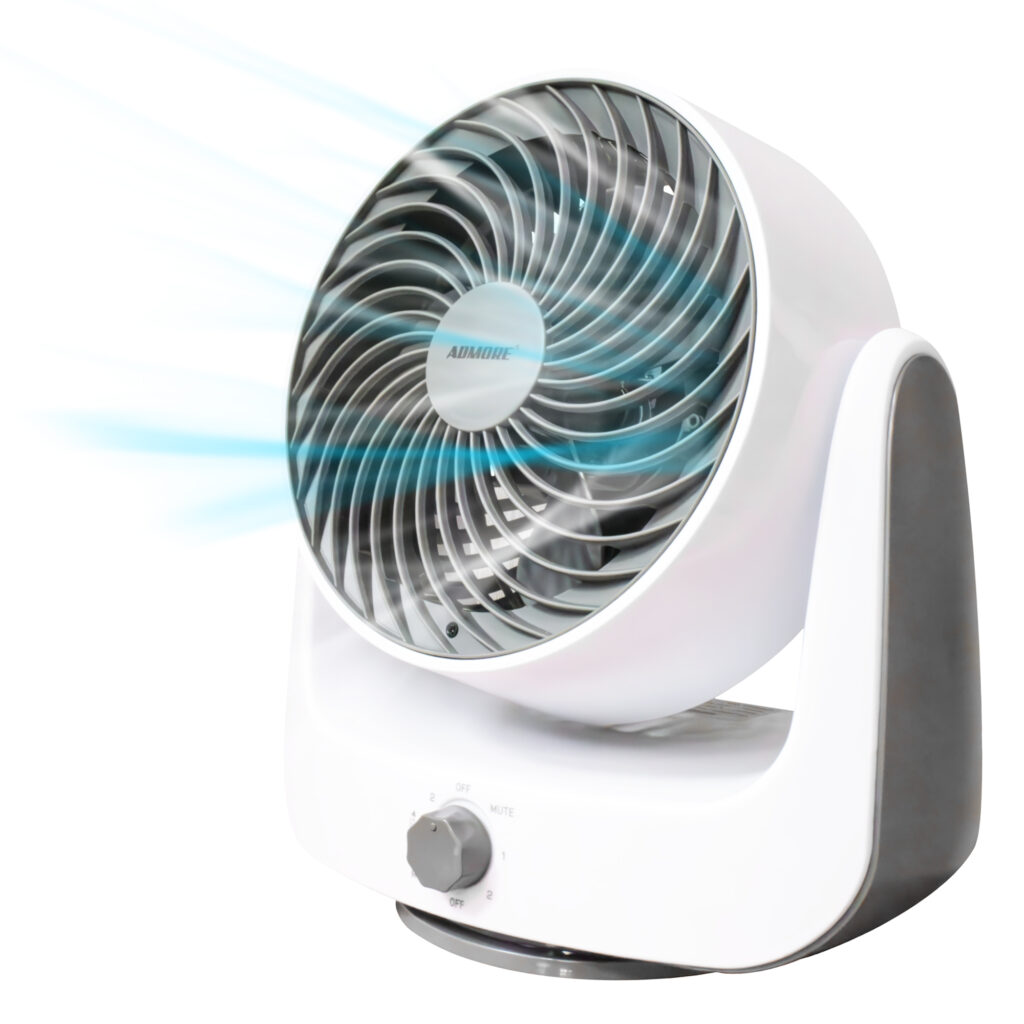 Admore A-TF9 9-inch white PVC turbo table fan with grey spiral-pattern grill, three turbo blades and two rotary control knobs on the front of the weighted base, three-quarter view