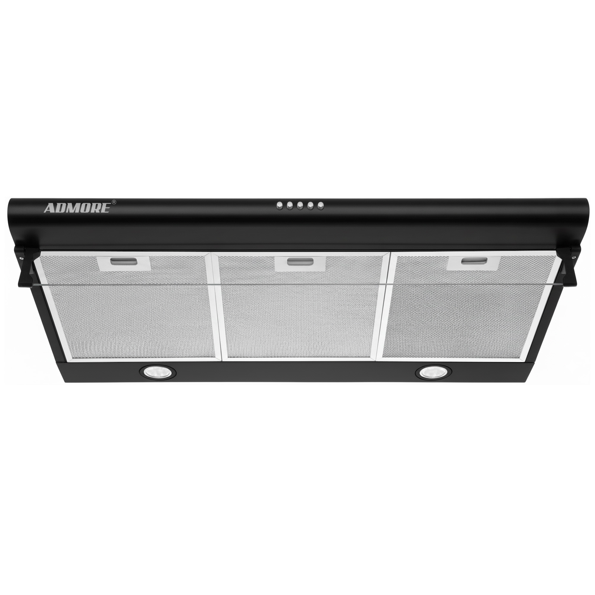 Black Admore A-KH90B 90cm under-cabinet cooker hood with three aluminum mesh filters and twin LED lights, front view