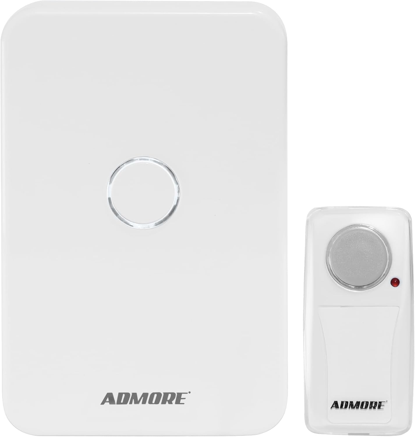Admore A-DB01 wireless DC door chime kit — slim white PVC rectangular receiver with central LED ring, plus small white wireless push button transmitter with chrome centre button