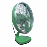 Khaleegia K-30TGF 12-inch slim green metal table fan with four green aluminum blades behind a chrome wire grill, side view
