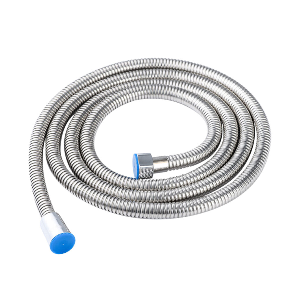 Eurospring 304 stainless steel coiled / spring-wound chrome shower hose with EPDM inner liner — shared image for EP-120, EP-150 and EP-200 in 120/150/200 cm lengths