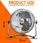 Khaleegia KD-30 chrome floor fan against an orange and white background with overall product-size annotations, three-quarter front view