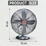 Khaleegia K-T30 chrome metal table fan against a textured white wall, front view with overall product-size annotations