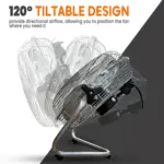 Khaleegia KD-30 floor fan side profile demonstrating the 120 degree head tilt range on the chrome tubular cradle