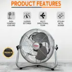 Khaleegia KD-30 chrome floor fan on a textured surface with feature icons for cooling power, 3 speeds, multi-directional flow and metal design