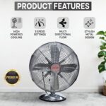Khaleegia K-T30 table fan side profile demonstrating the 120 degree head tilt range and chrome motor housing