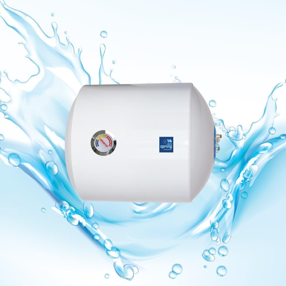 Eurospring glass-lined electric water heater in white — horizontal cylindrical body with external temperature gauge and Eurospring branding (shared product image used for ES-50H, ES-50V, ES-80V, ES-80H; vertical models pending dedicated photography)