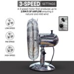 Khaleegia K-T30 table fan side view with inset close-up showing the 3-speed and push-button controls on the motor base