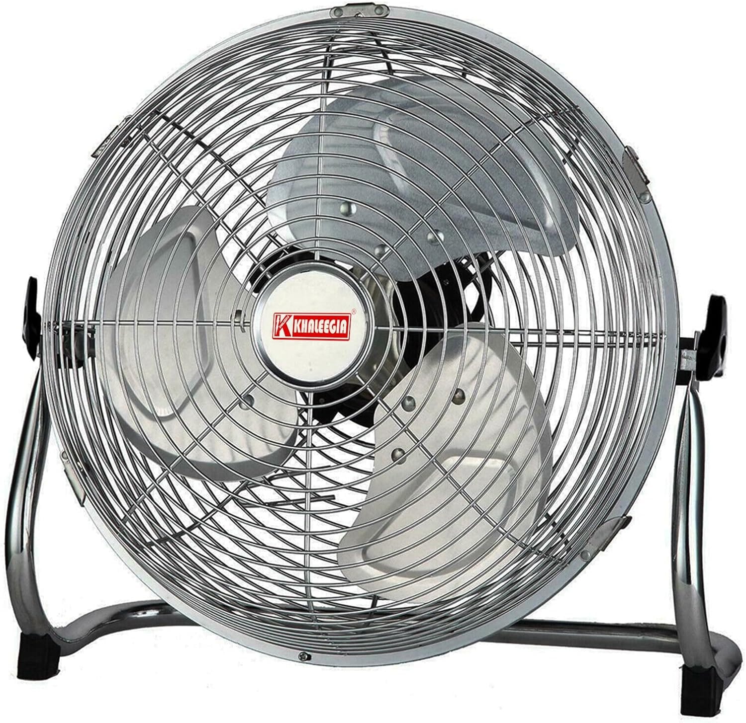 Khaleegia KD-45 18-inch chrome high-velocity floor fan with three aluminum blades on a wide chrome tubular floor cradle, front view