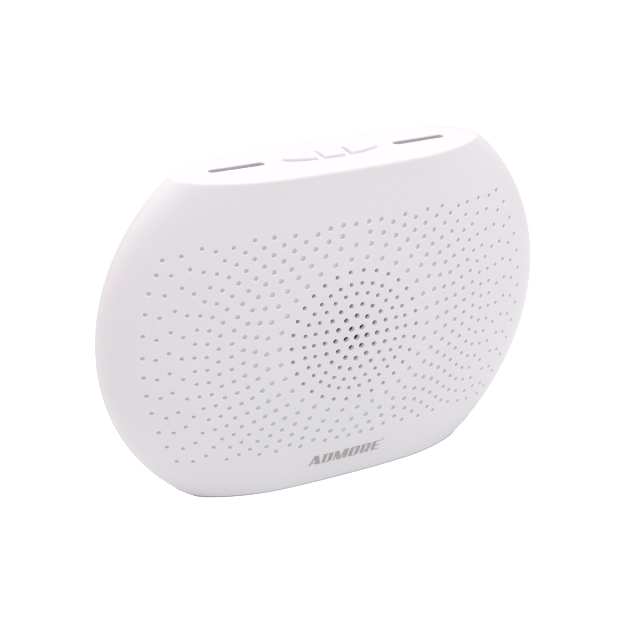 Admore A-DB05 wired electronic AC door chime — white PVC in rounded / oval form factor with fine pinhole speaker-grille front face, single-tone battery-free