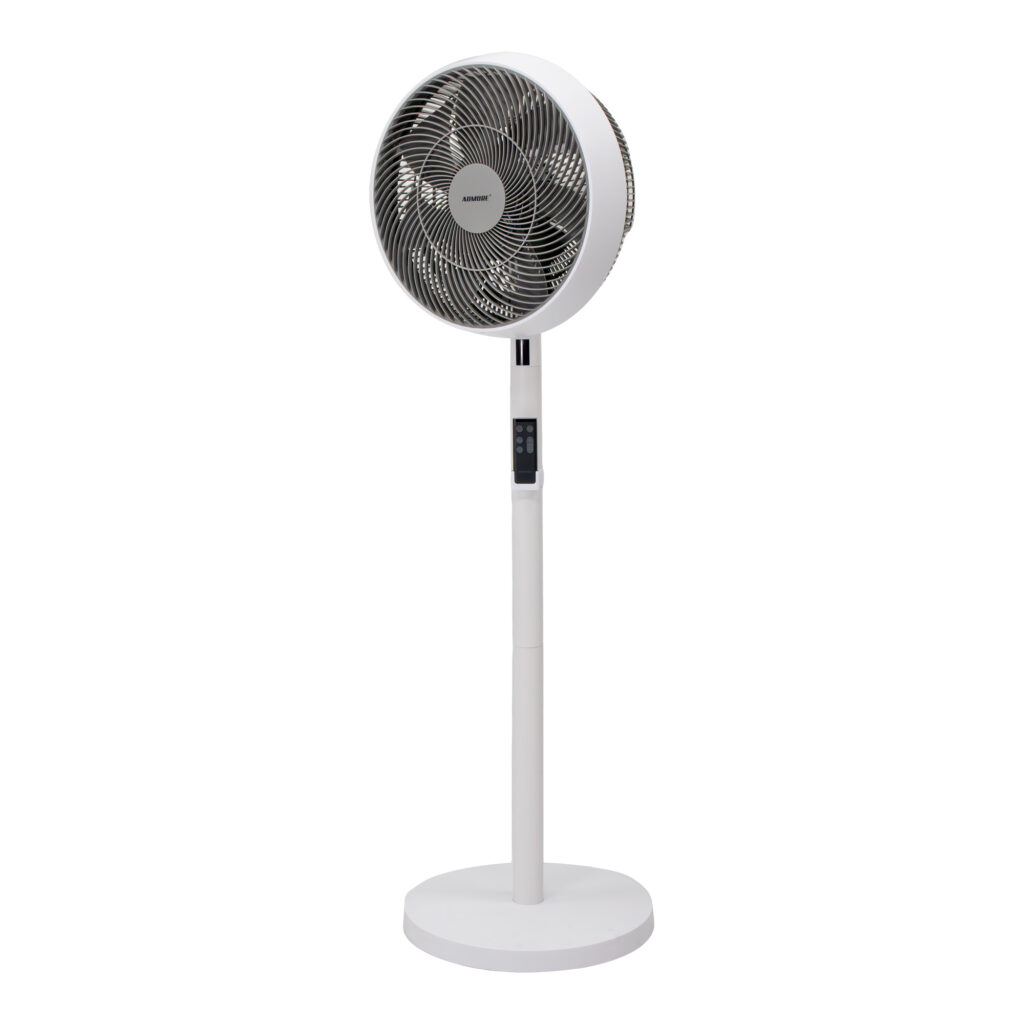 Admore A-SF14 Luxe 14-inch pedestal fan in white with grey spiral-pattern PVC grill, seven turbo blades and an LCD control panel mounted on the white telescoping pole, three-quarter view