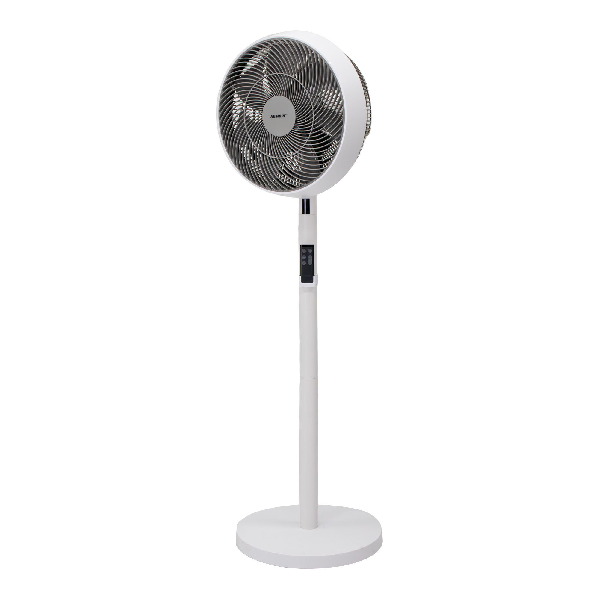 Admore A-SF14 Luxe 14-inch pedestal fan in white with grey spiral-pattern PVC grill, seven turbo blades and an LCD control panel mounted on the white telescoping pole, three-quarter view