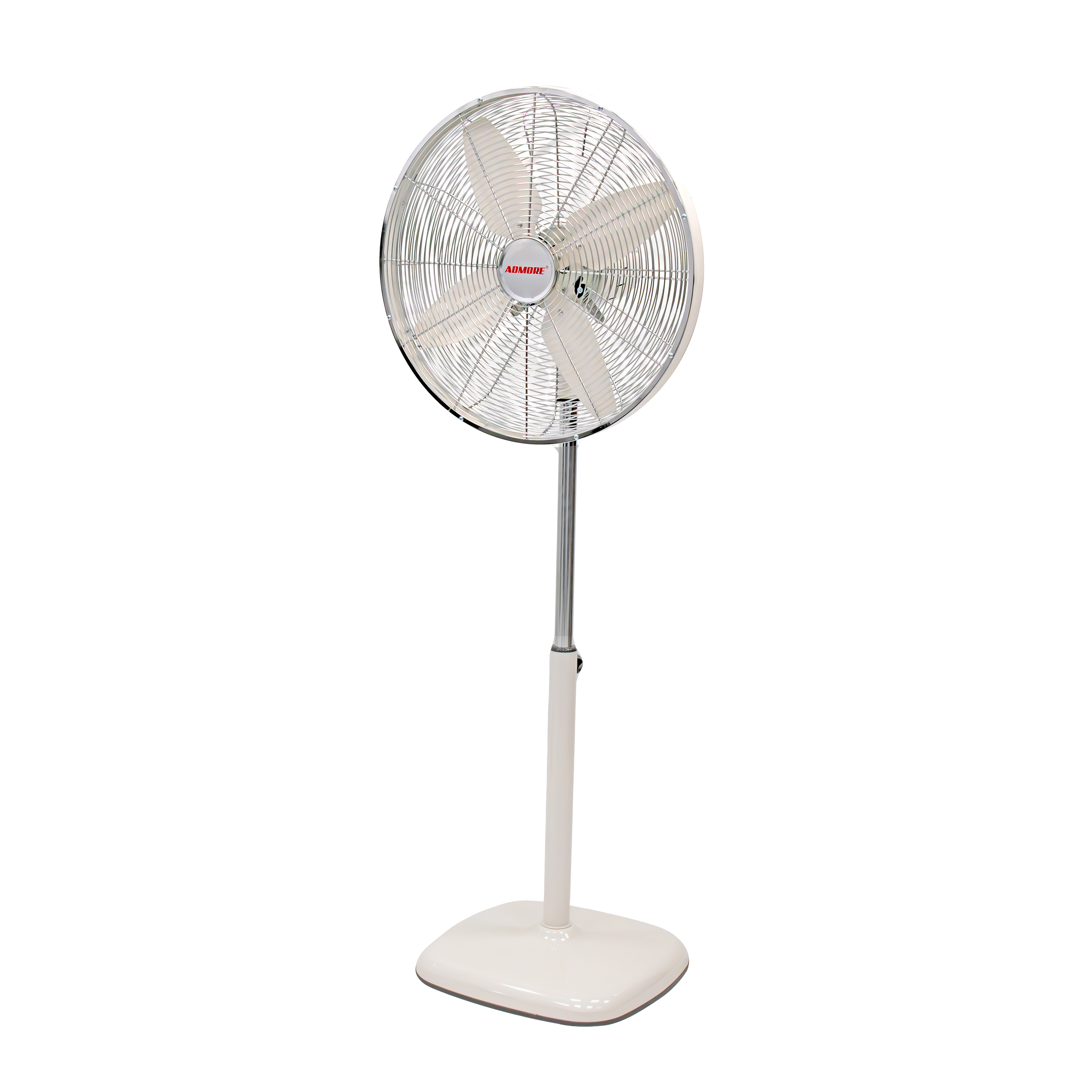 Admore A-SF40M 16-inch pearl white metal pedestal fan with four pearl white aluminum blades, chrome wire-mesh grill, chrome telescoping pole and pearl white weighted square base, three-quarter view