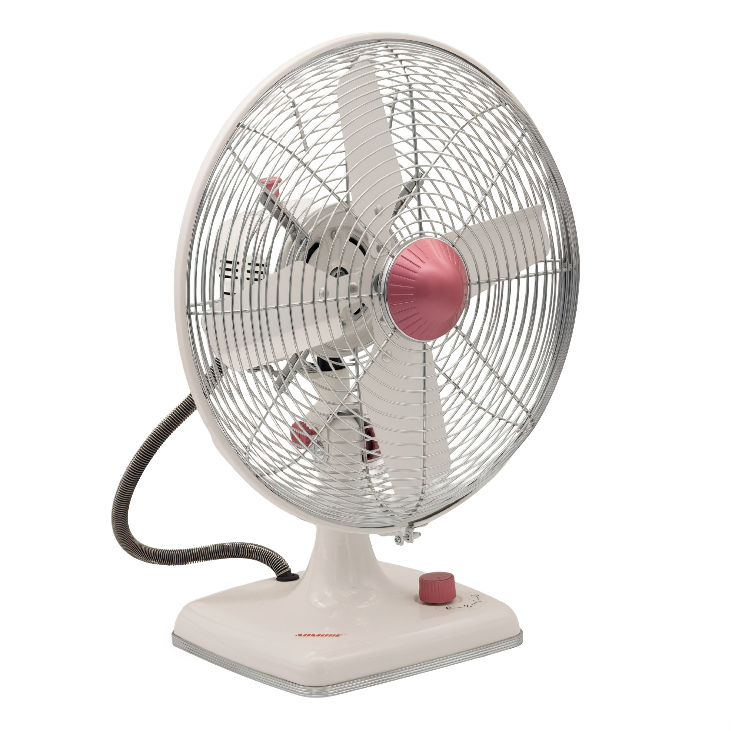 Admore A-TF30M 12-inch pearl white metal table fan with four white aluminum blades, chrome wire grill, pink central hub and pink rotary speed knob on a white square base, three-quarter view