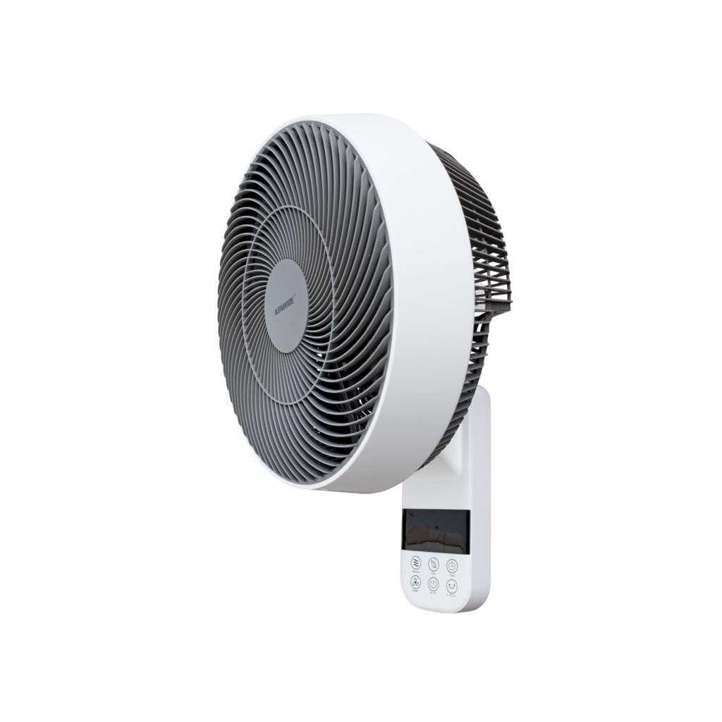 Admore A-WF14 Luxe 14-inch wall-mounted fan in white with grey spiral-pattern PVC grill, eight turbo blades and an integrated LCD touch control panel below the fan housing, three-quarter front view