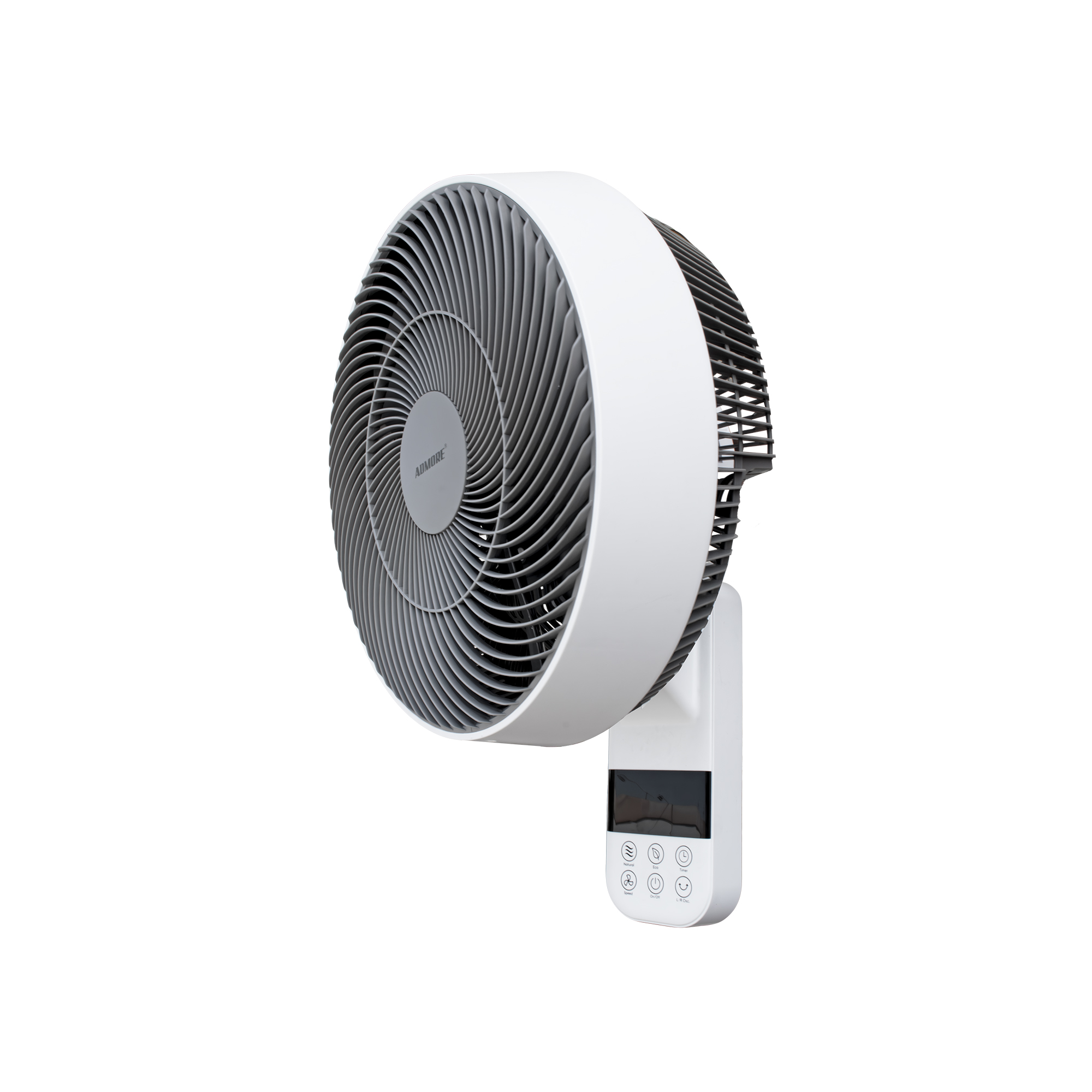 Admore A-WF14 Luxe 14-inch wall-mounted fan in white with grey spiral-pattern PVC grill, eight turbo blades and an integrated LCD touch control panel below the fan housing, three-quarter front view