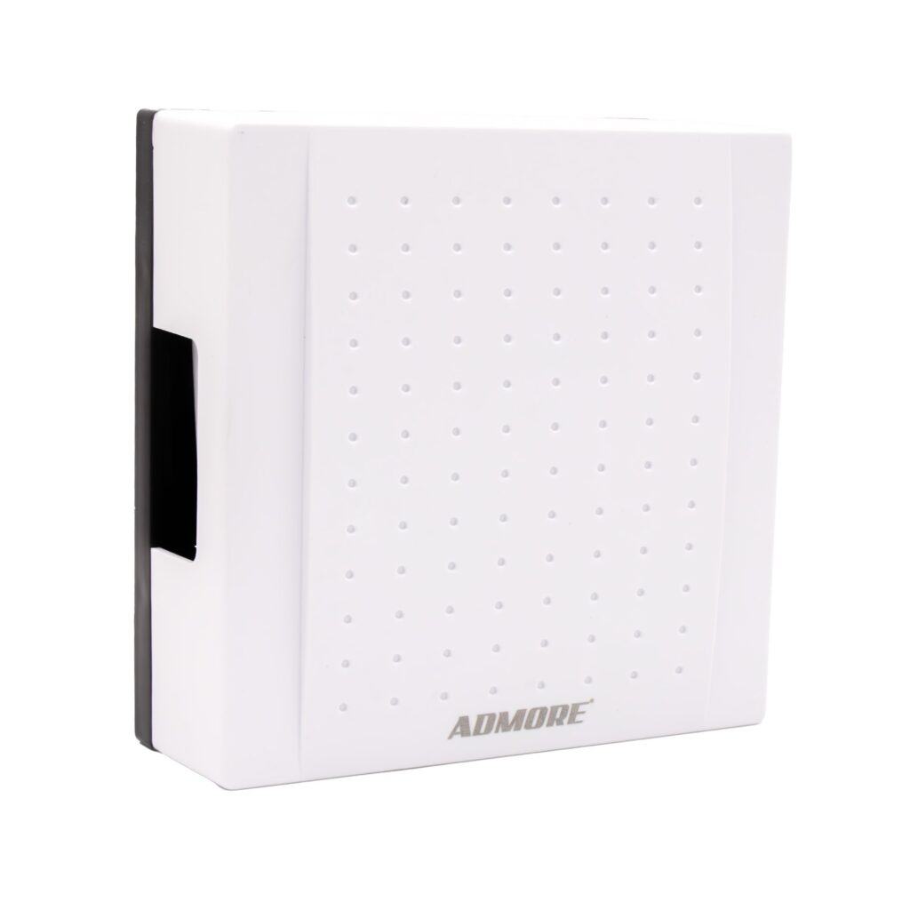 Admore A-DB10 wired mechanical ding-dong door chime — square white PVC pinhole-grille enclosure with black side-panel accent, AC-powered solenoid-strike two-tone