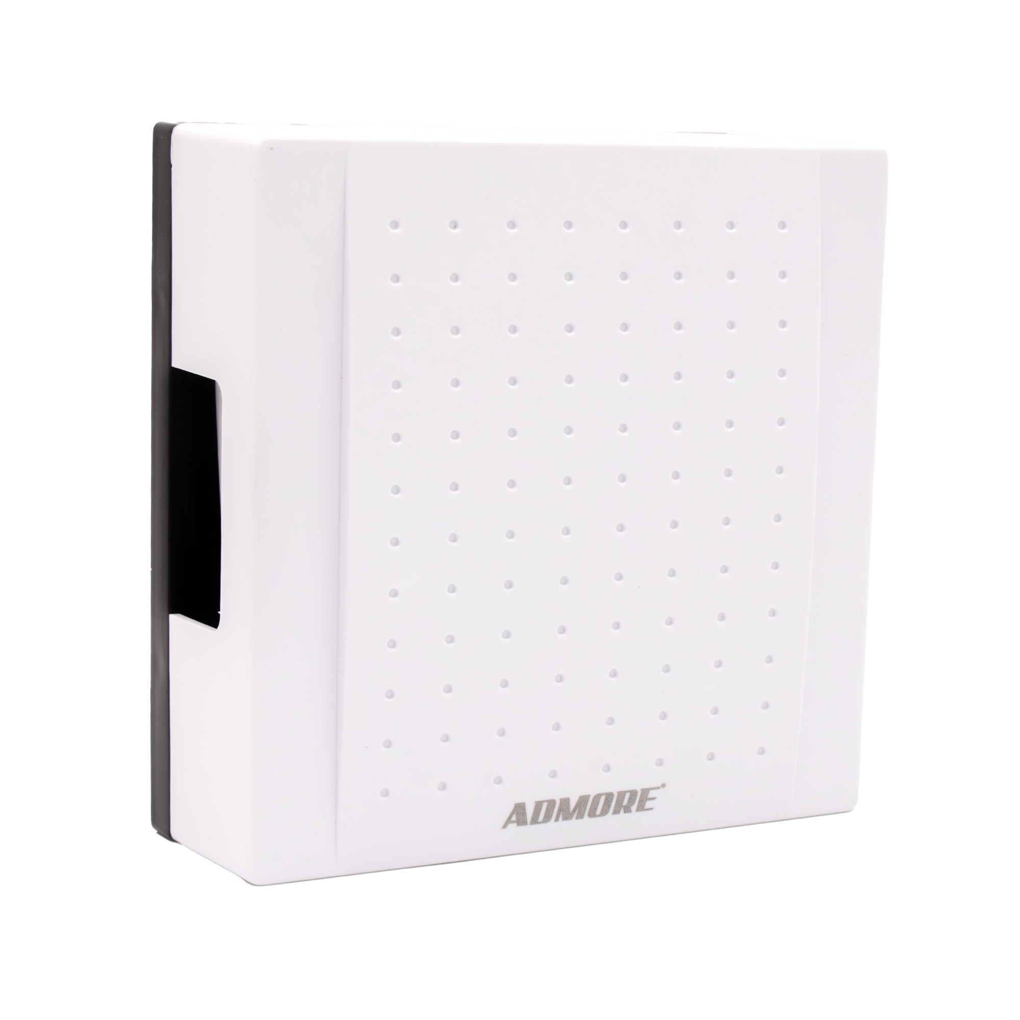 Admore A-DB10 wired mechanical ding-dong door chime — square white PVC pinhole-grille enclosure with black side-panel accent, AC-powered solenoid-strike two-tone