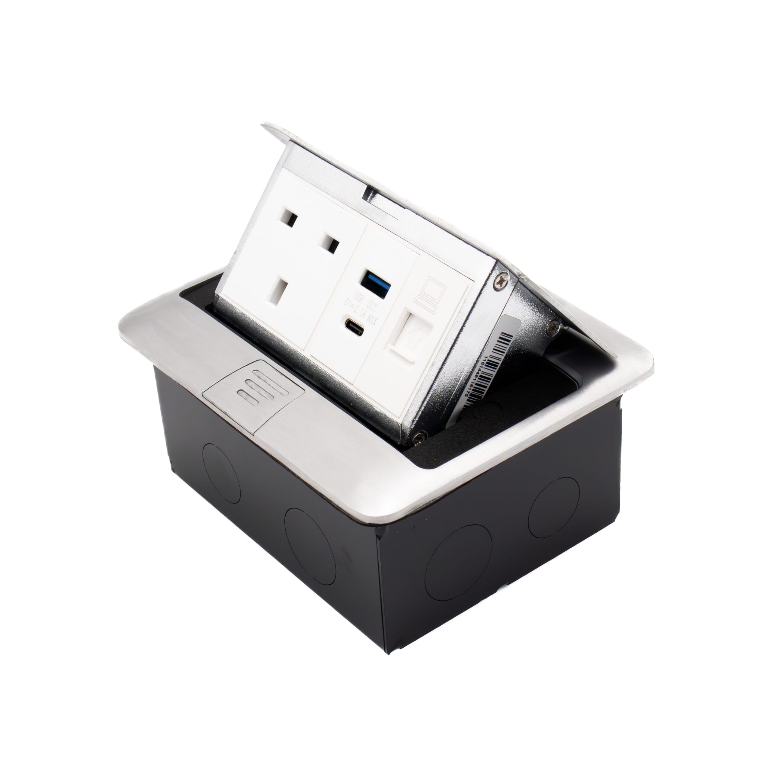 Admore AP-17G 1 gang 13A brushed chrome pop-up floor socket with UK Type G outlet, USB-A, USB-C, and RJ45 data port