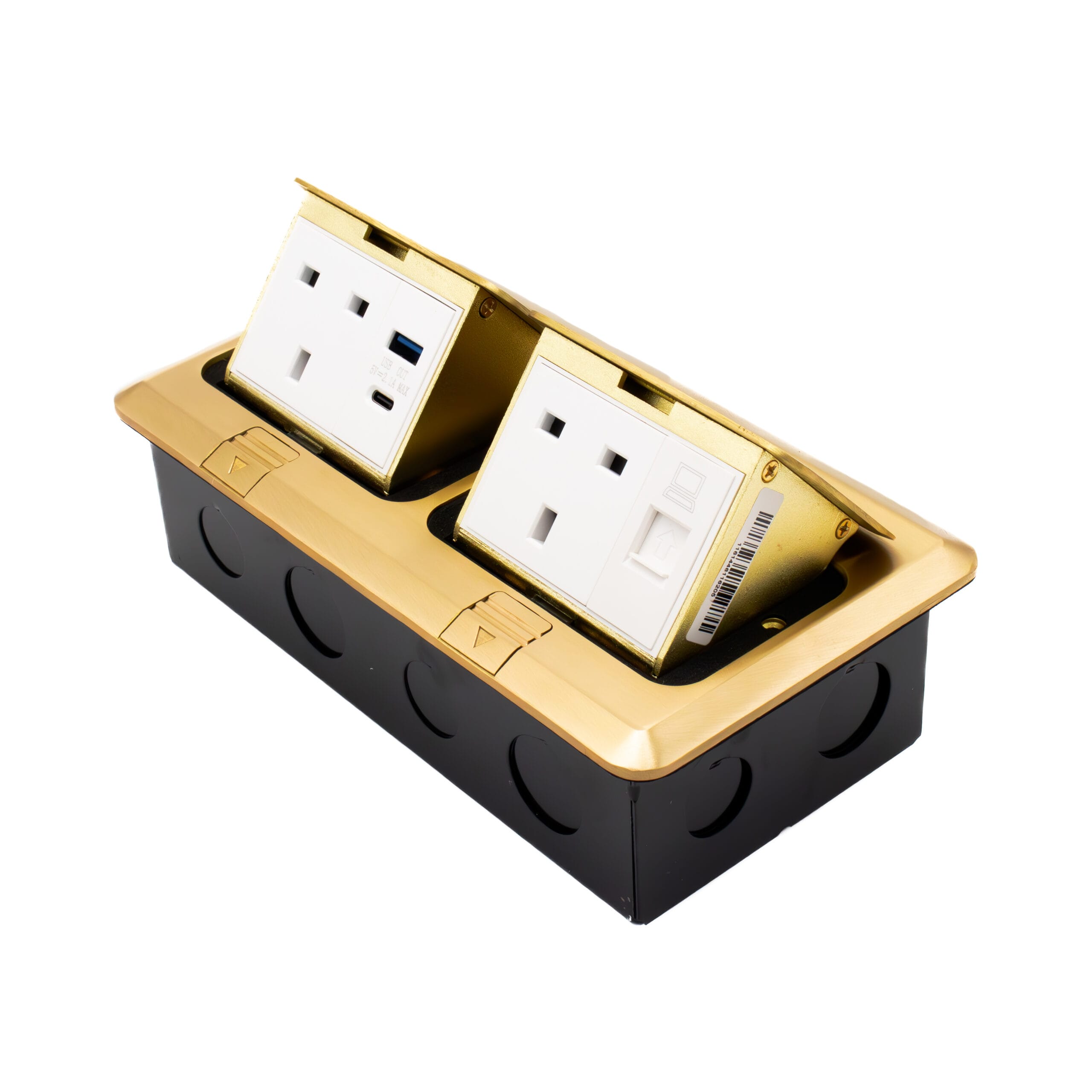 Admore AP-20G 2 gang 13A brushed gold pop-up floor socket with two UK Type G outlets, USB-A, USB-C, and RJ45 data port