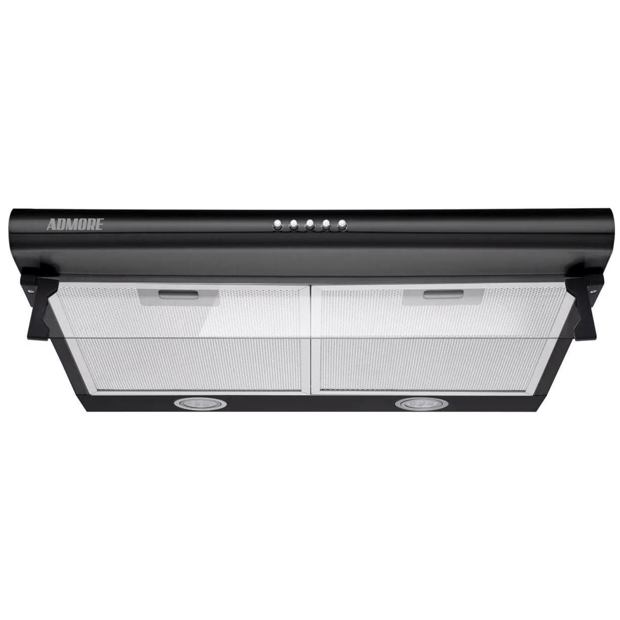 Black Admore A-KH60B 60cm under-cabinet cooker hood with aluminum mesh filters and LED lights, front view