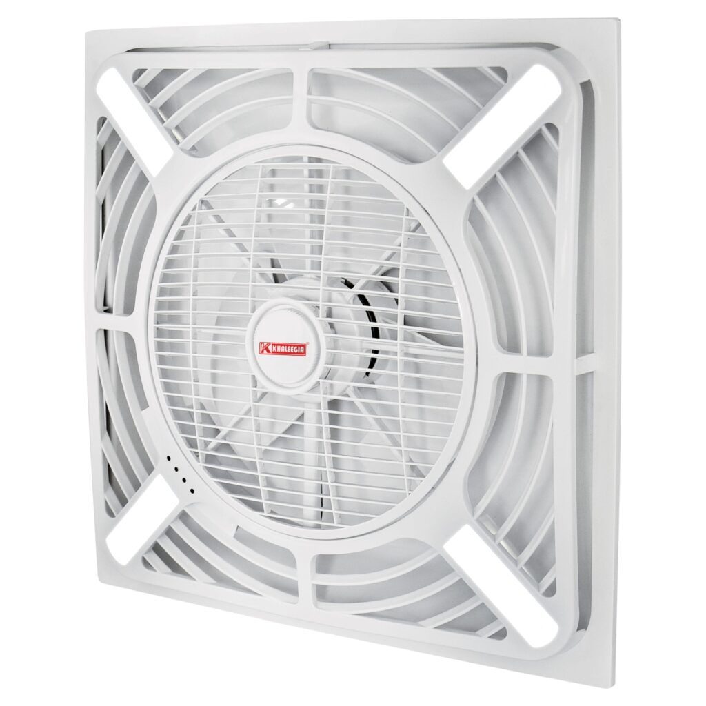 Khaleegia 60x60 cm white PVC ceiling cassette fan with integrated cool-white LED strips in the four diagonal frame arms and central 14-inch fan — shared image used for both K-CF150LB (recessed cut-hole mount) and K-CFS150-LED (surface mount), three-quarter angled view