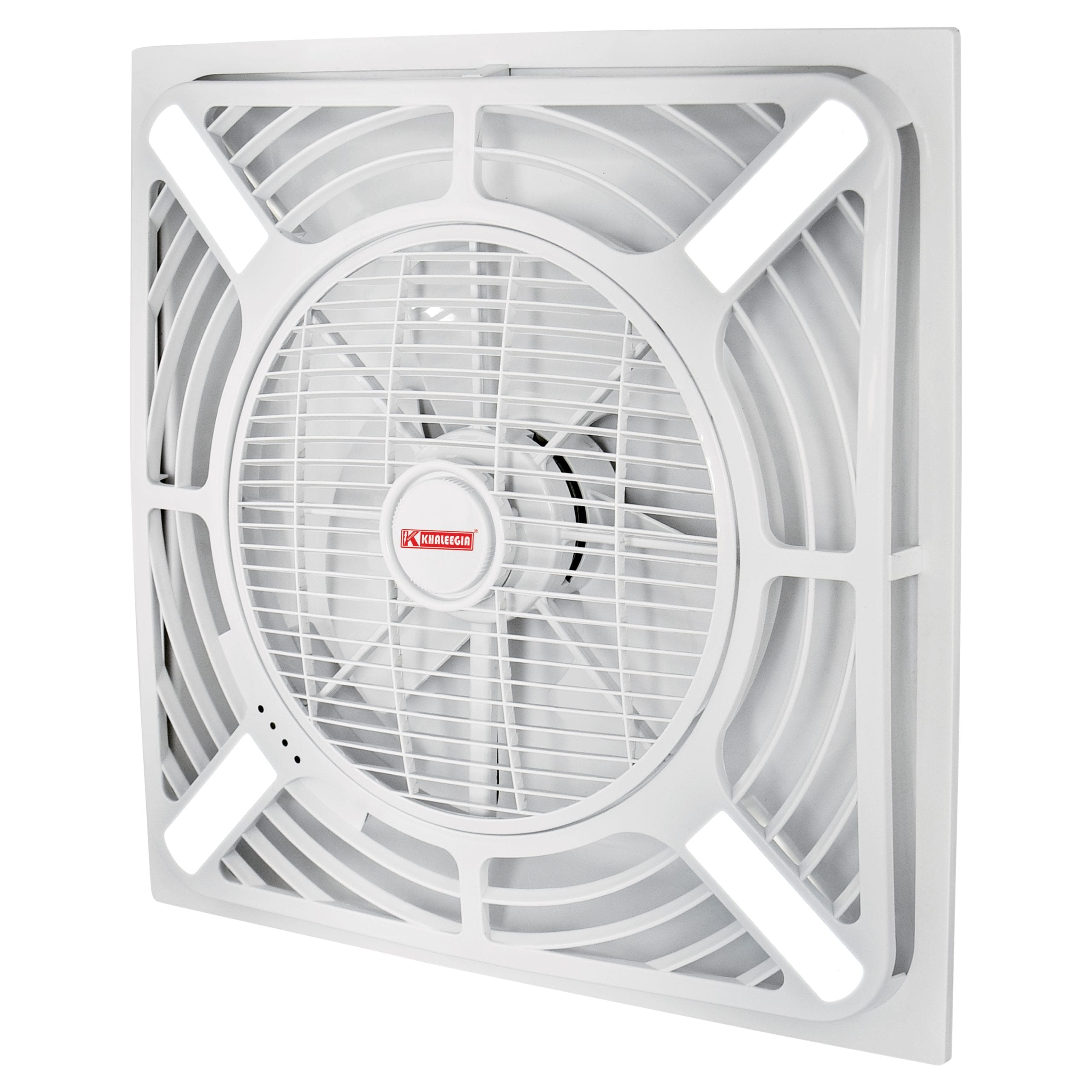 Khaleegia 60x60 cm white PVC ceiling cassette fan with integrated cool-white LED strips in the four diagonal frame arms and central 14-inch fan — shared image used for both K-CF150LB (recessed cut-hole mount) and K-CFS150-LED (surface mount), three-quarter angled view