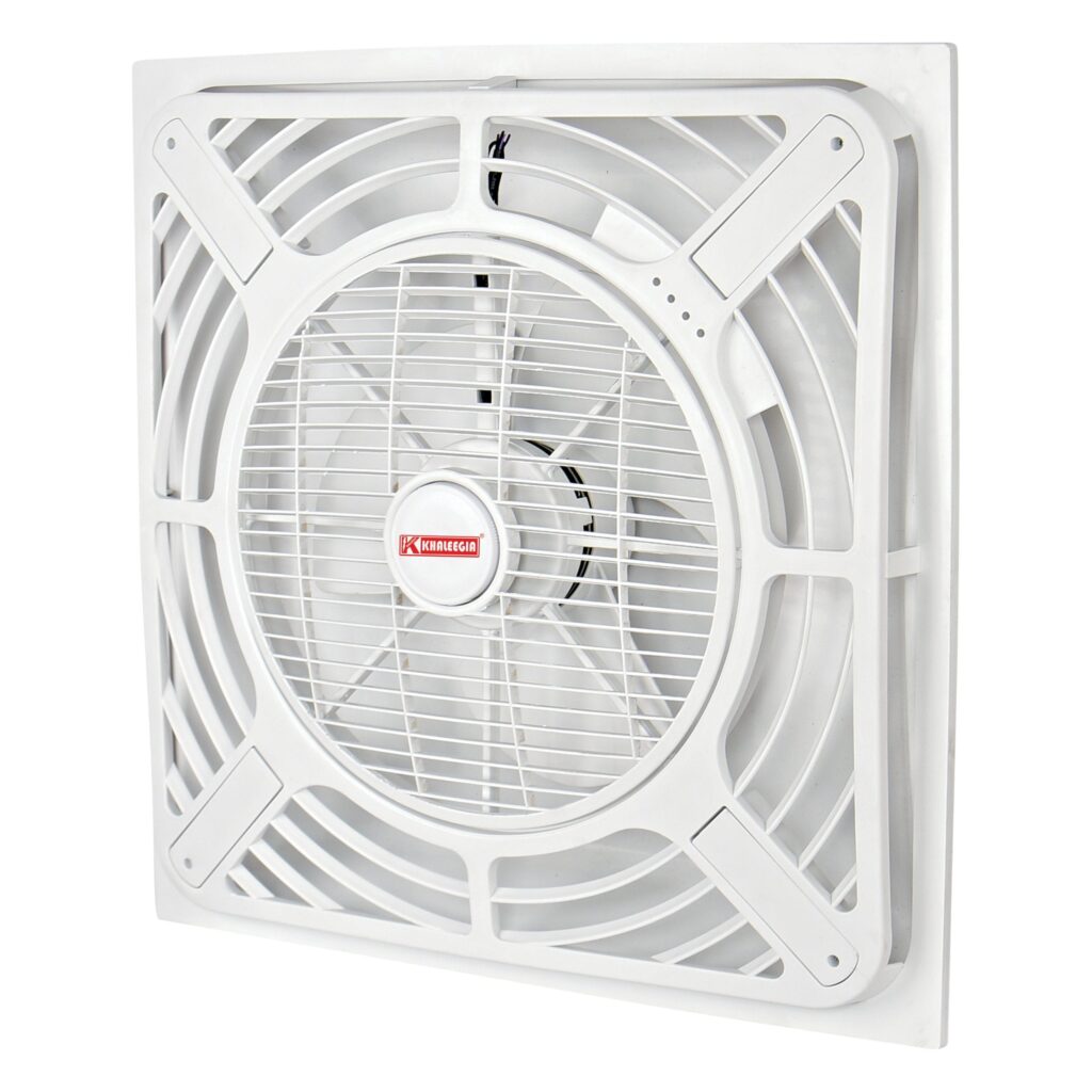 Khaleegia 60x60 cm white PVC ceiling cassette fan with central 14-inch fan behind a fine wire grille — shared image used for both K-CF150P (recessed cut-hole mount) and K-CFS150-P (surface mount), three-quarter angled view