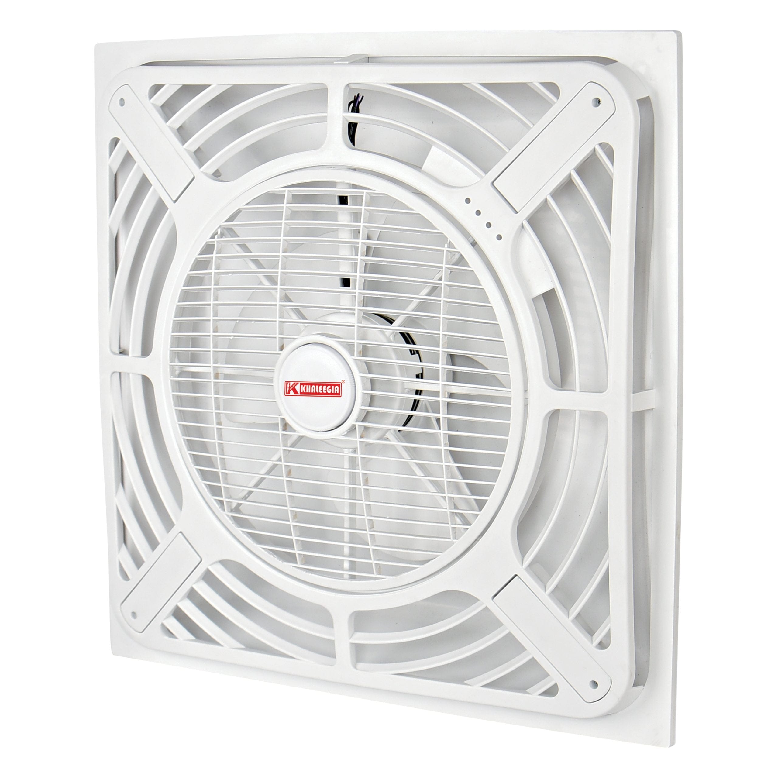 Khaleegia 60x60 cm white PVC ceiling cassette fan with central 14-inch fan behind a fine wire grille — shared image used for both K-CF150P (recessed cut-hole mount) and K-CFS150-P (surface mount), three-quarter angled view