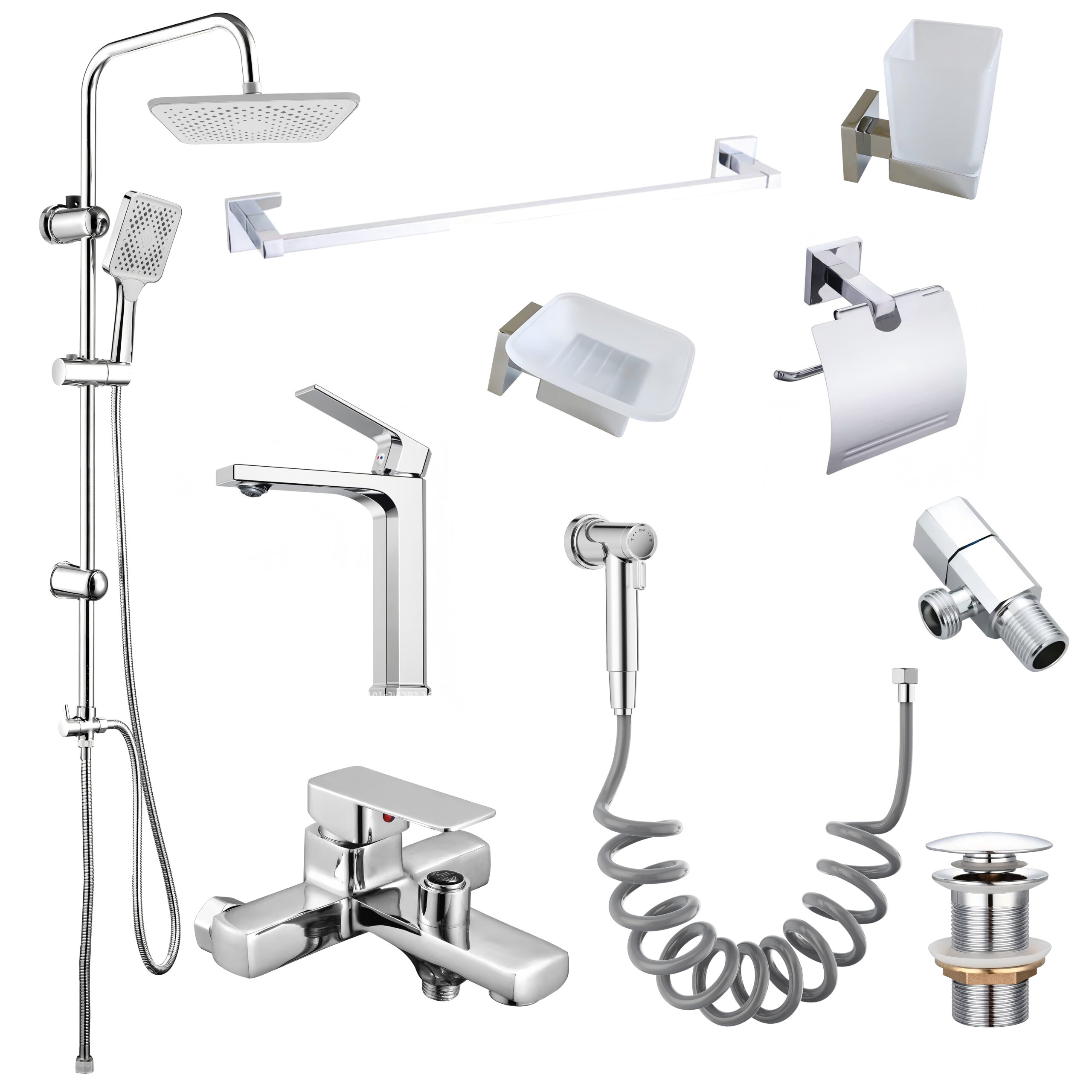Eurospring 10-in-1 Complete Modern Bathroom Fixture Set — Solid Brass + Stainless Steel, Polished Chrome (E-BA1)