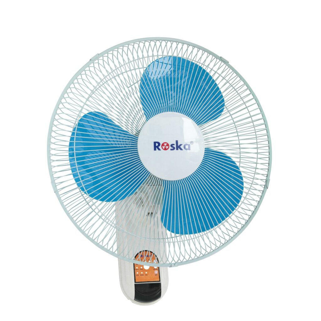 Roska RBF-40-R 16-inch wall fan with three blue PVC blades, white wire-mesh metal grill and a white-and-orange digital control panel below the fan housing, front view