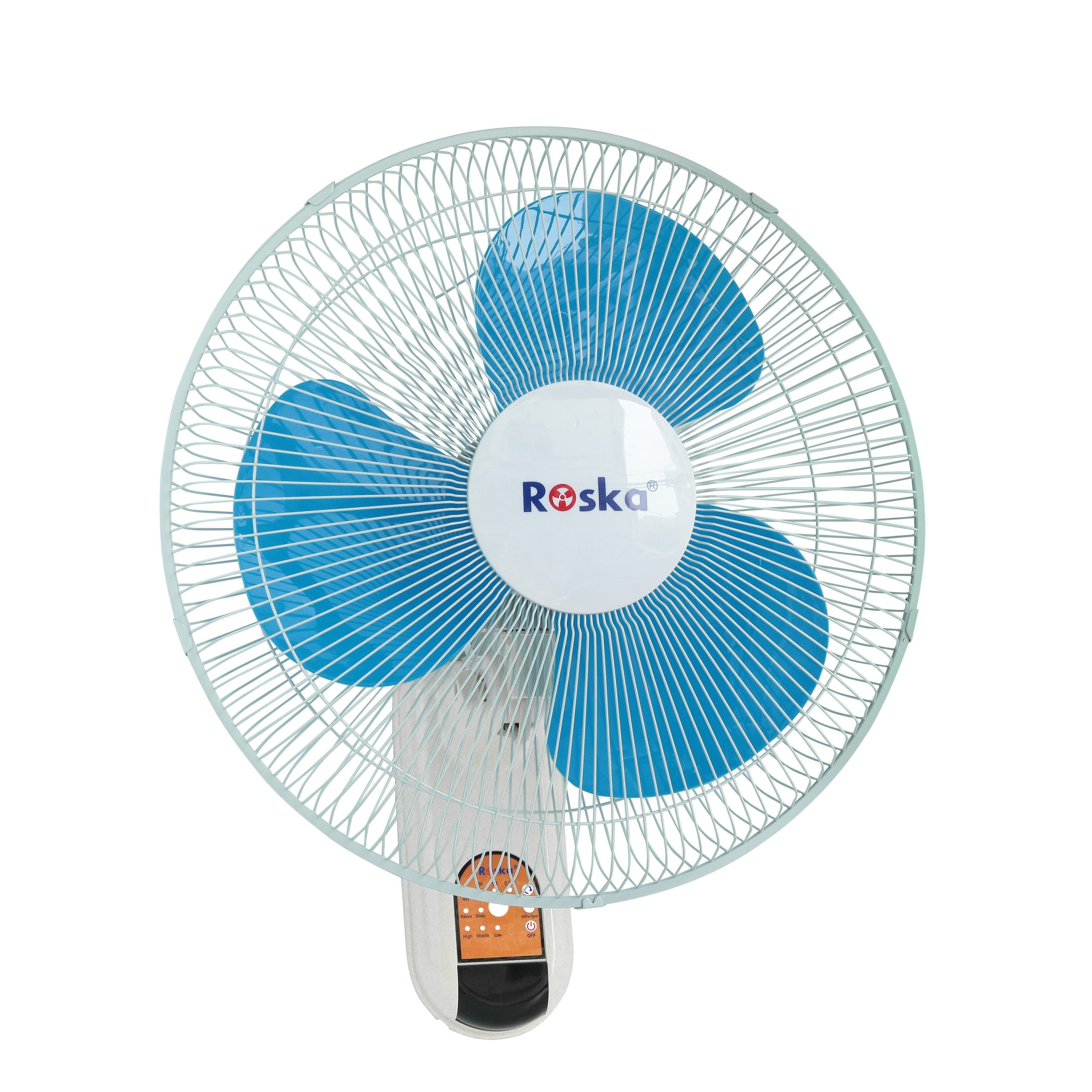 Roska RBF-40-R 16-inch wall fan with three blue PVC blades, white wire-mesh metal grill and a white-and-orange digital control panel below the fan housing, front view