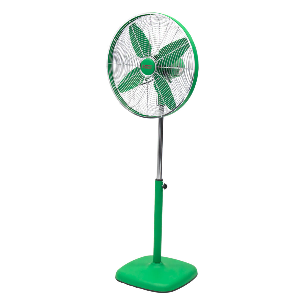 Khaleegia K-40SGF 16-inch green pedestal fan with four green aluminum blades, chrome wire-mesh grill, chrome telescoping pole and green weighted square base, three-quarter view
