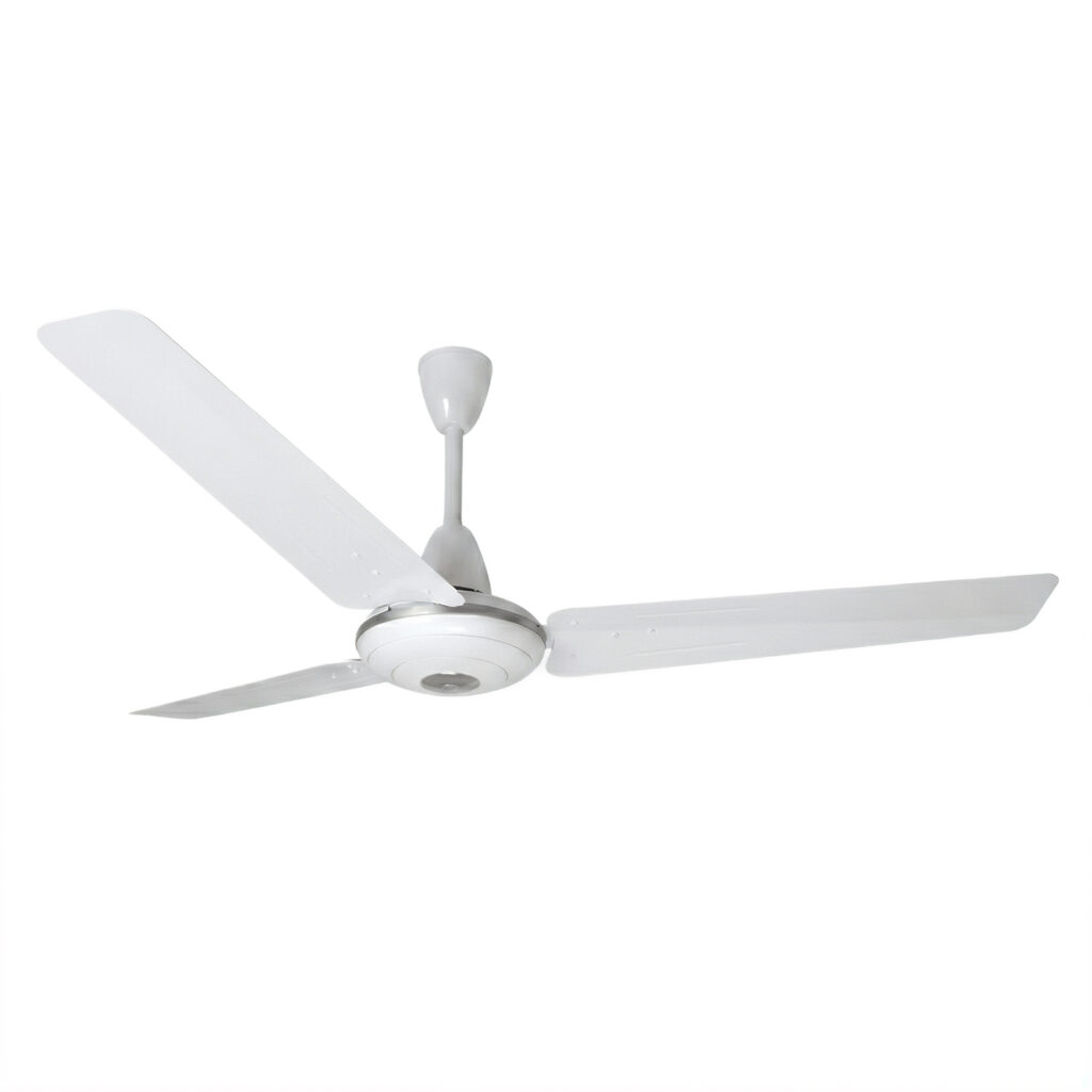 Khaleegia K-CF56-D 56-inch white downrod ceiling fan with three white mild-metal blades, white motor housing with chrome trim and white canopy, three-quarter view