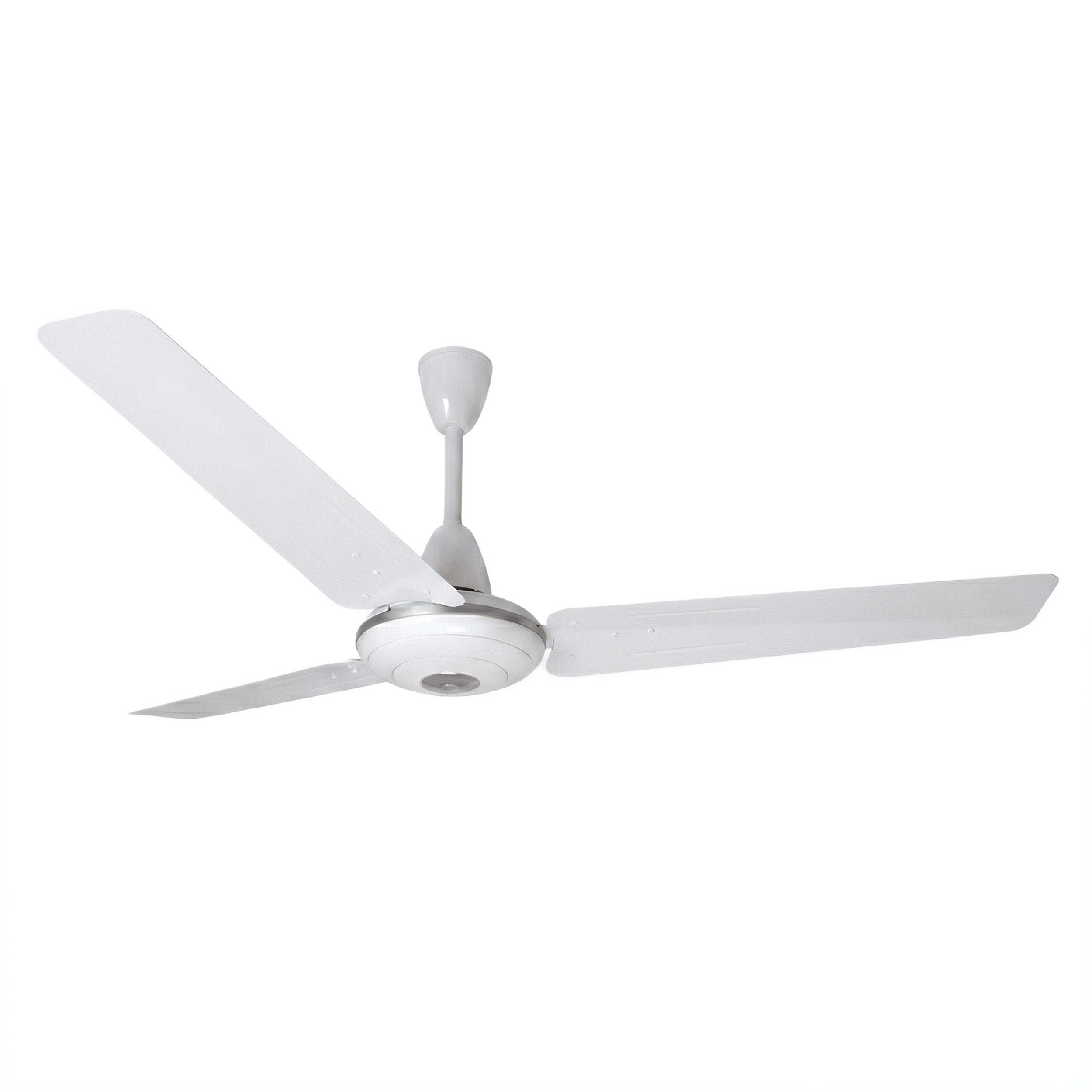 Khaleegia K-CF56-D 56-inch white downrod ceiling fan with three white mild-metal blades, white motor housing with chrome trim and white canopy, three-quarter view