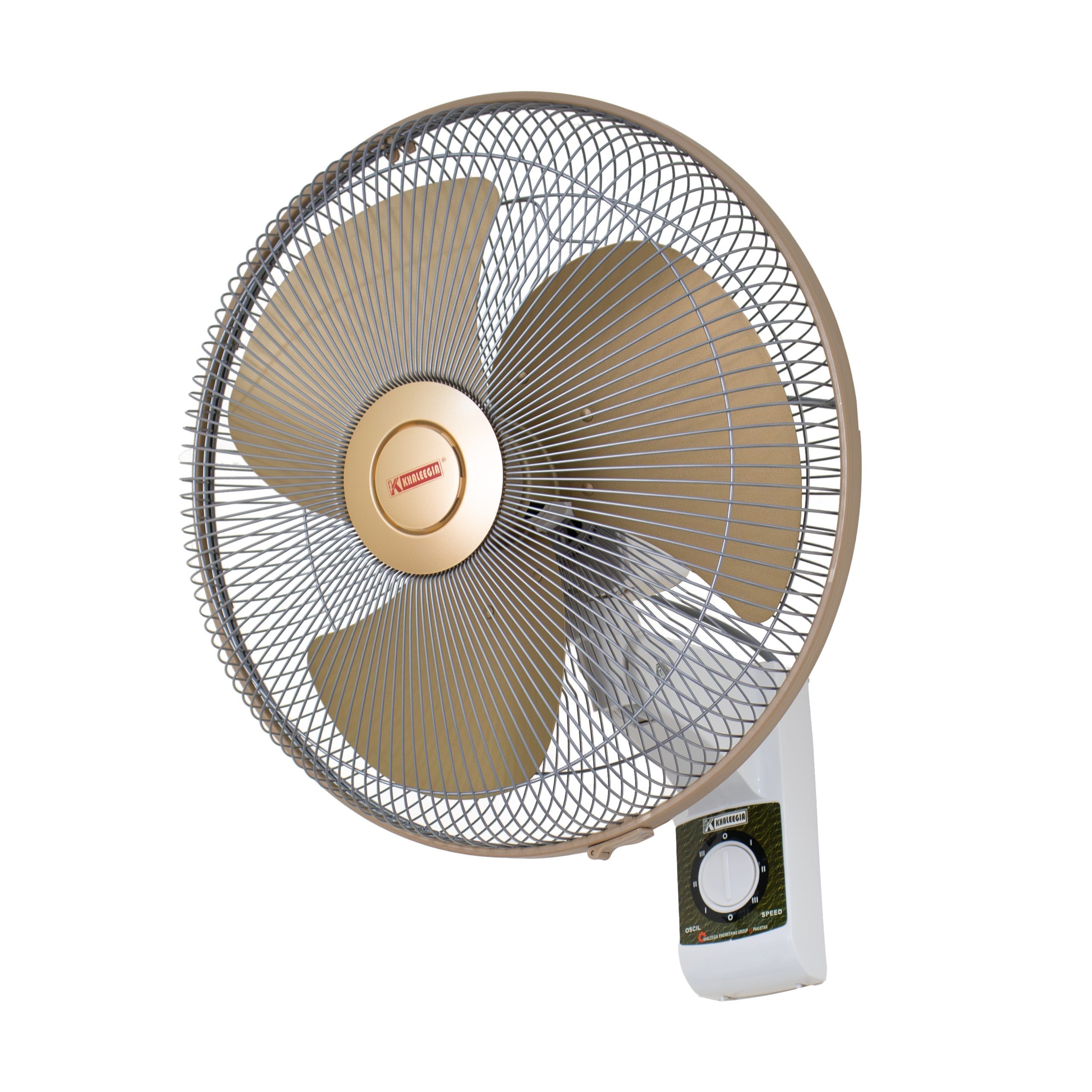 Khaleegia beige and white wall-mounted oscillating fan with gold metal blades, silver wire-mesh grill and side-mounted rotary speed control — shared image used for both KALASH-400 (16-inch, 60W) and KALASH-450 (18-inch, 65W) siblings, three-quarter front view