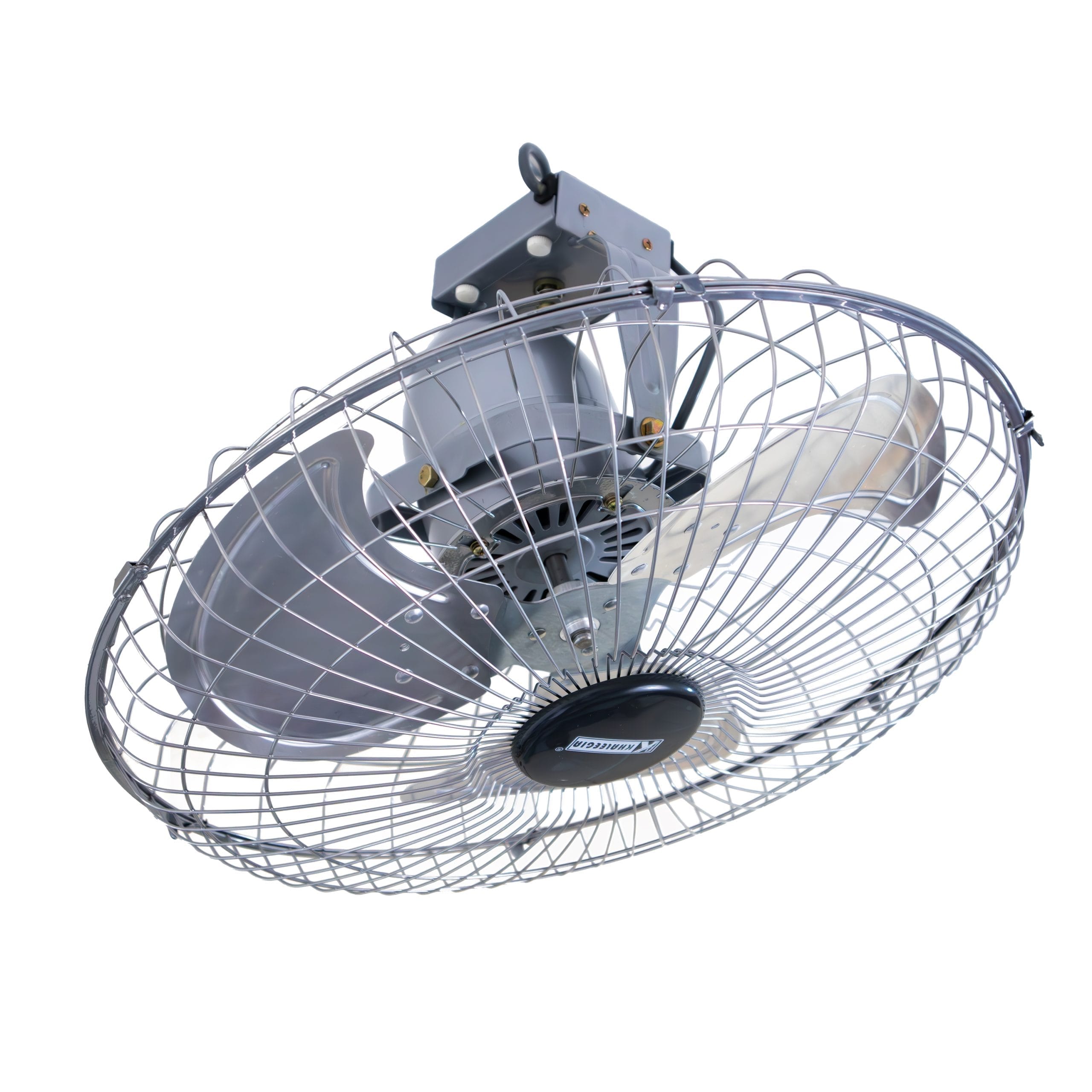 Khaleegia KMC450 18-inch industrial ceiling orbit fan with grey metal body, chrome oval wire-mesh cage and 3 aluminum blades, suspended from a square ceiling mount, three-quarter view