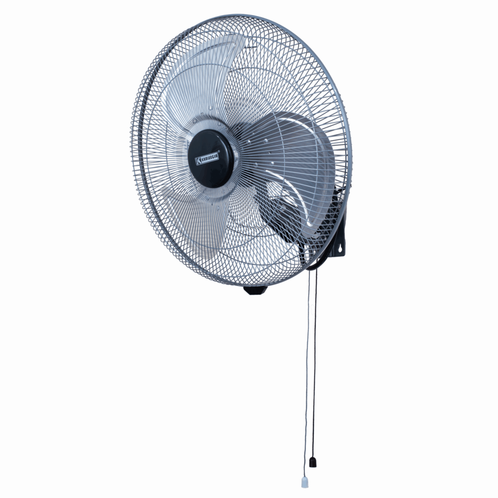 Khaleegia KMW450 18-inch industrial grey metal wall fan with chrome wire-mesh grill, three aluminum blades, black hub and long hanging pull cord, three-quarter front view