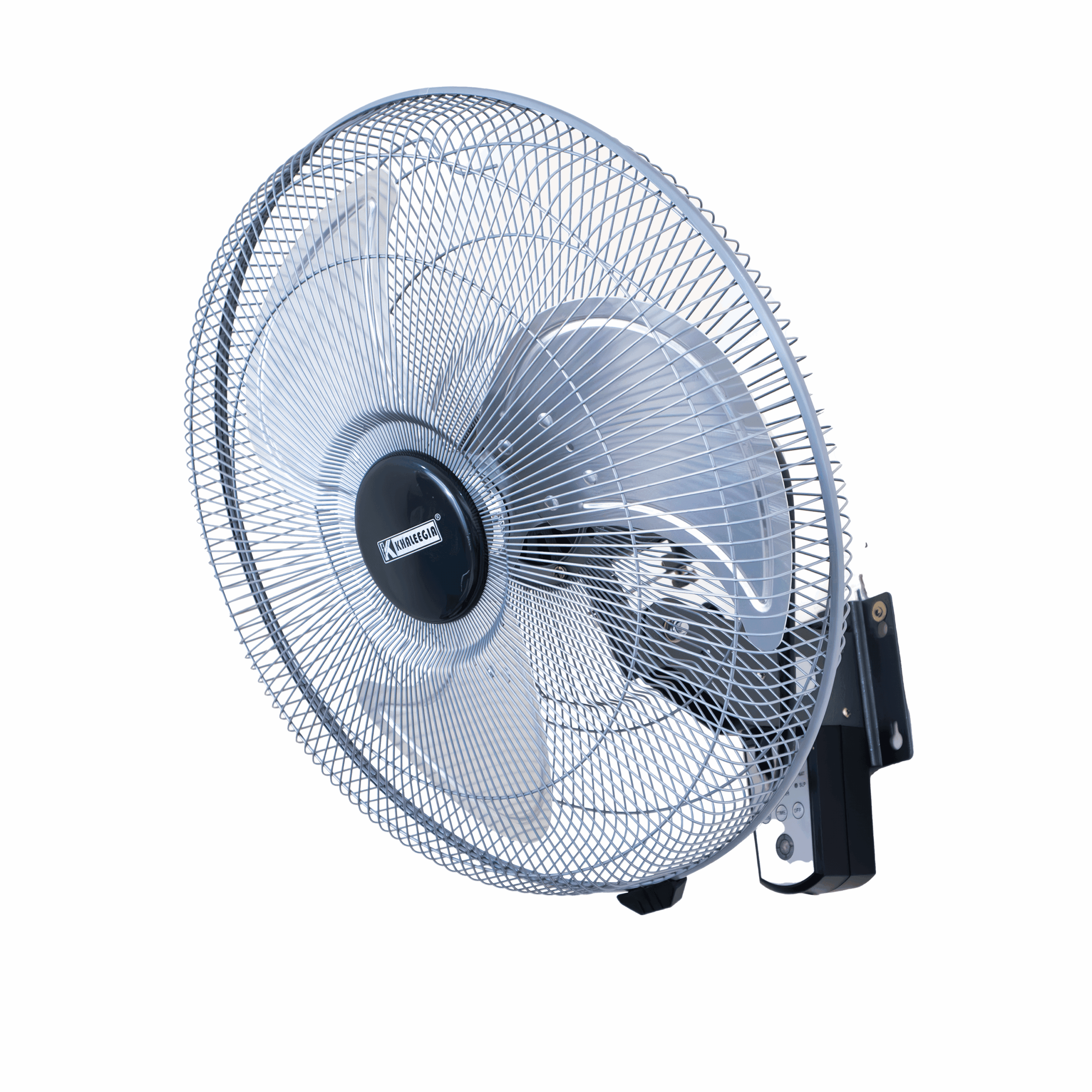Khaleegia KMW450R 18-inch industrial grey metal wall fan with chrome grill, three aluminum blades and a black electronic control panel with IR receiver on the wall bracket, three-quarter front view