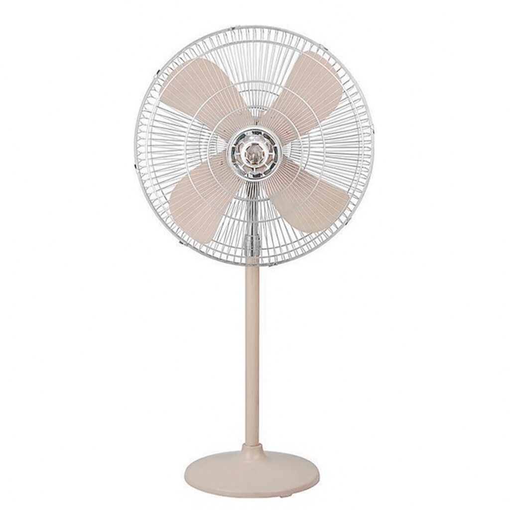 Khaleegia KPF-24 24-inch beige industrial pedestal fan with four matching beige aluminum blades, metal wire-mesh grill, tall beige pole and round weighted base, front view