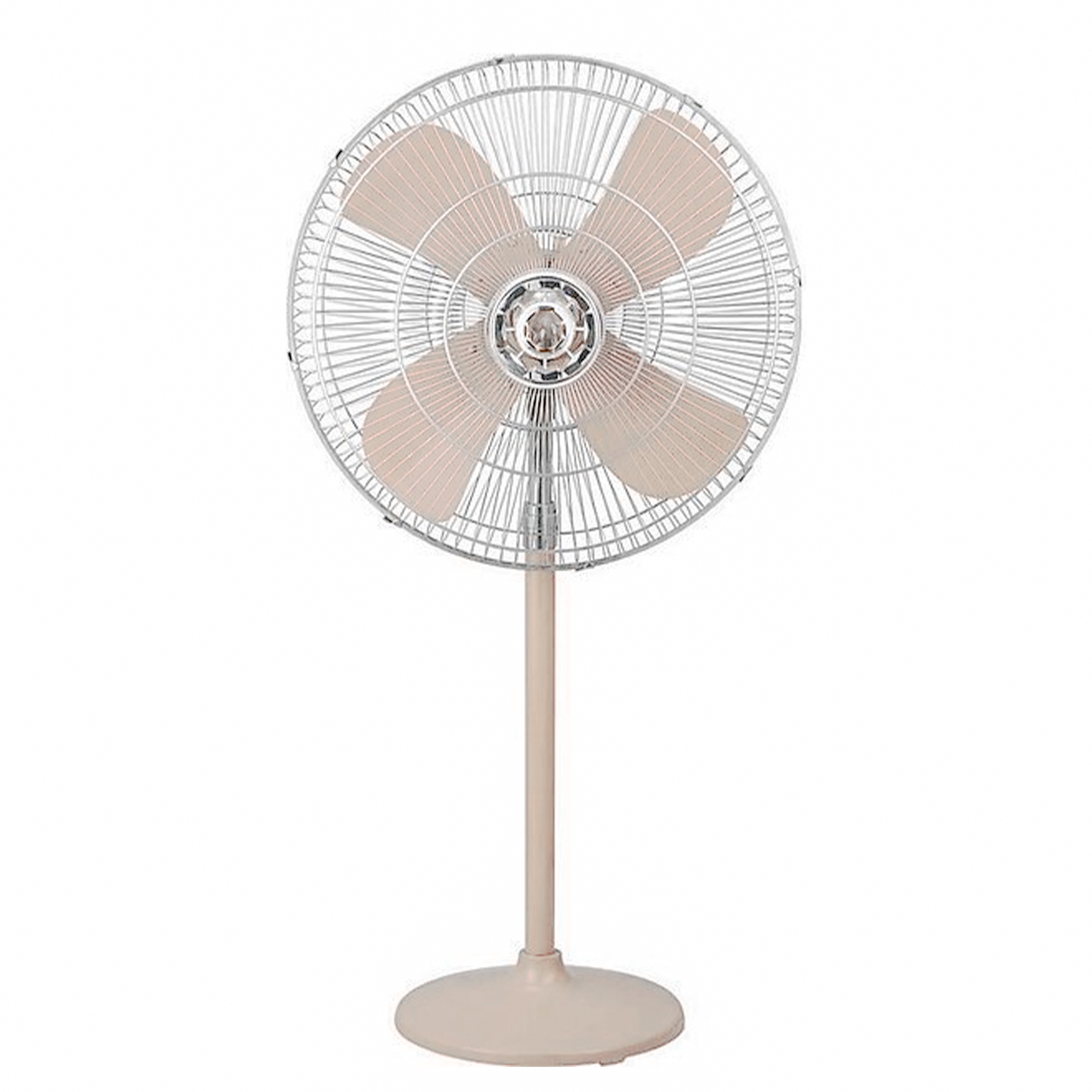 Khaleegia KPF-24 24-inch beige industrial pedestal fan with four matching beige aluminum blades, metal wire-mesh grill, tall beige pole and round weighted base, front view
