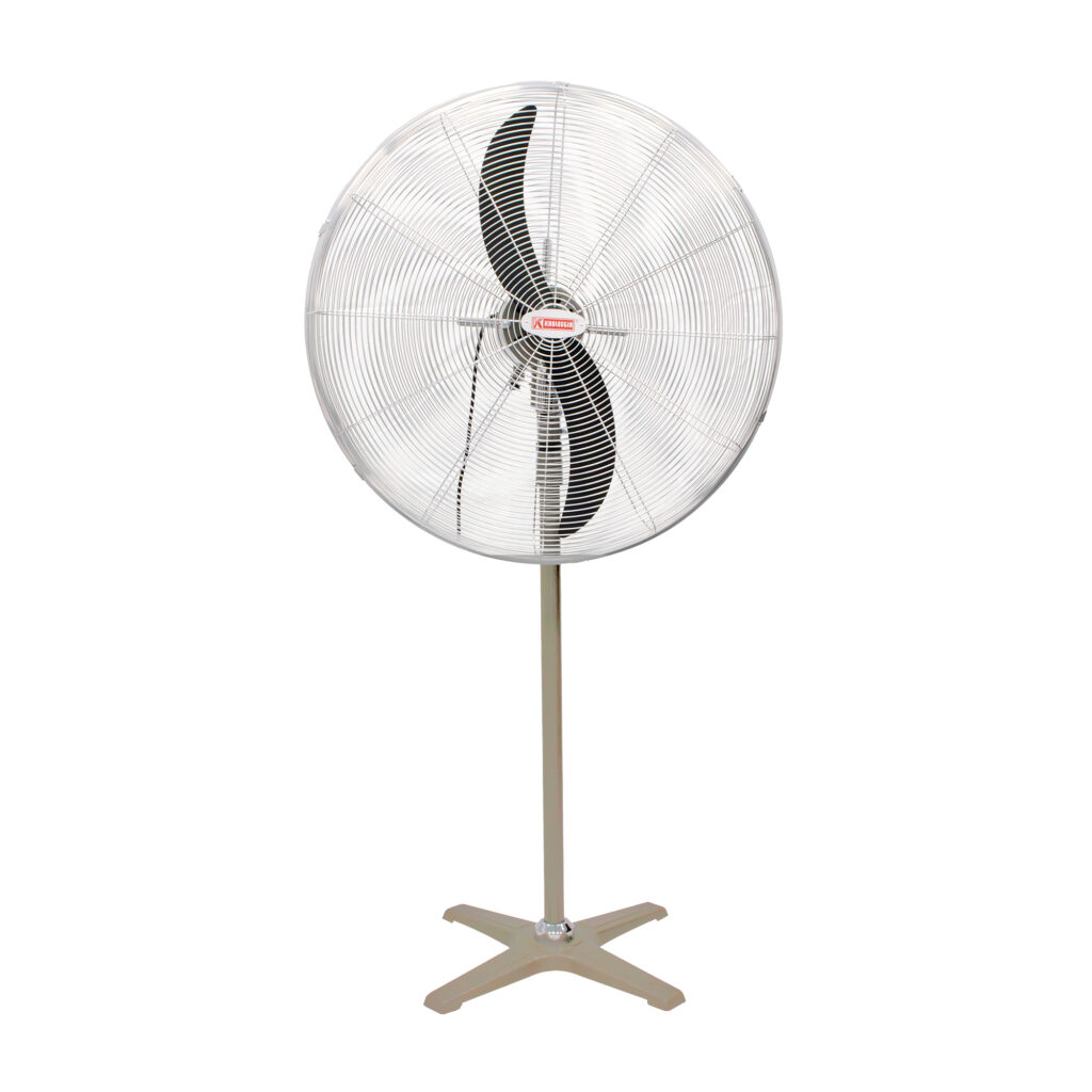 Khaleegia KSF-75 30-inch heavy-duty industrial pedestal fan with two black aluminum blades, chrome wire-mesh grill, tall silver pole and beige cast-metal four-leg cross base, front view