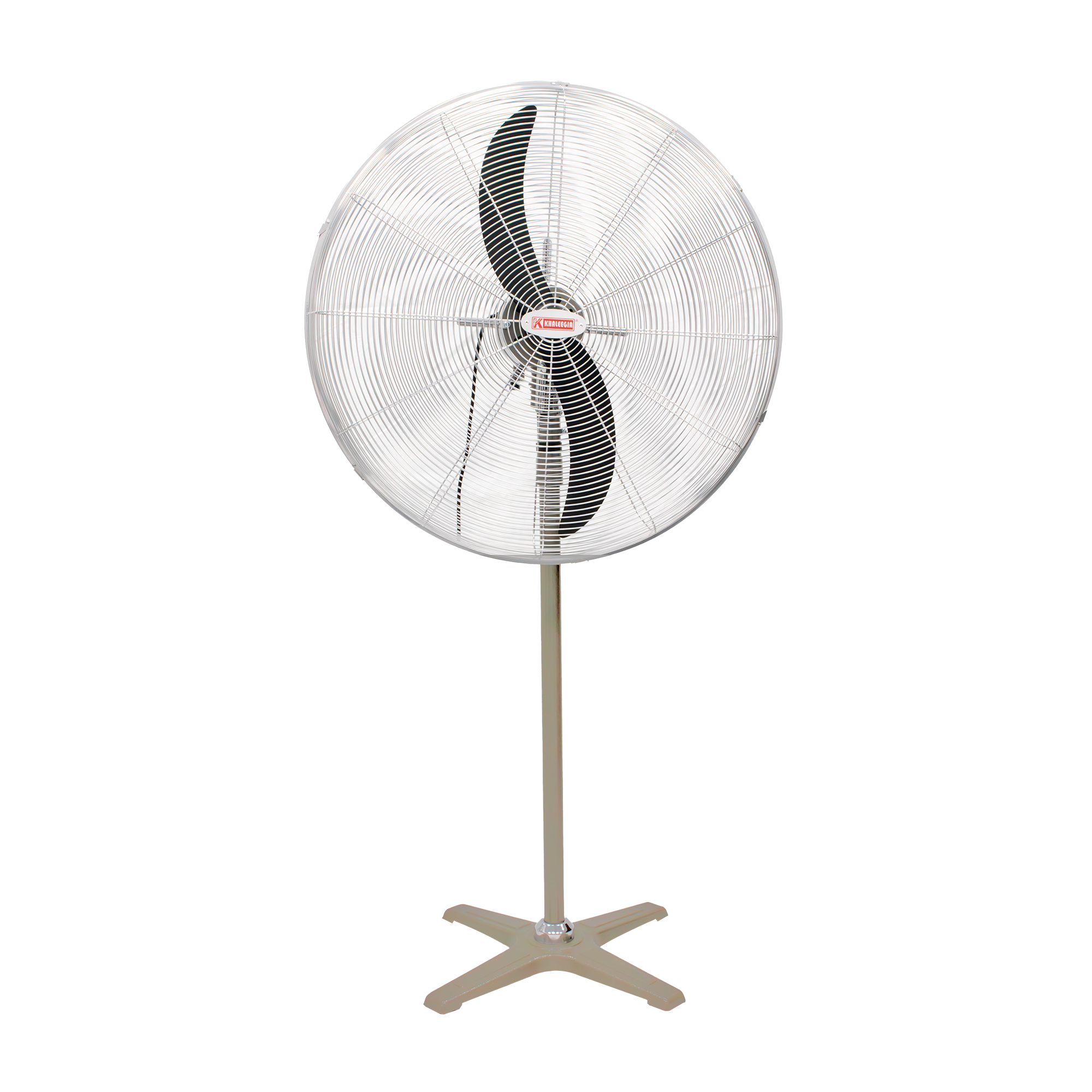 Khaleegia KSF-75 30-inch heavy-duty industrial pedestal fan with two black aluminum blades, chrome wire-mesh grill, tall silver pole and beige cast-metal four-leg cross base, front view