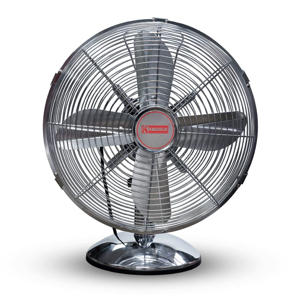 Khaleegia K-T30 12-inch chrome stainless steel table fan with four aluminum blades and red K logo on the hub, front view