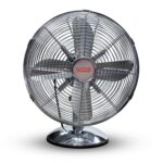 Khaleegia K-T30 12-inch chrome stainless steel table fan with four aluminum blades and red K logo on the hub, front view